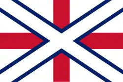 Another early proposal for the Union Jack, consisting of a white St Andrew's saltire with blue fimbriation superimposed over a red St George's cross on a field of white.