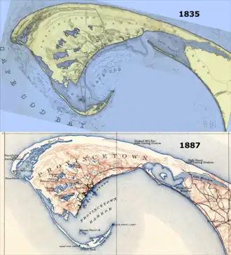 Comparison of two official maps of Provincetown, one dated 1835, and the other, 1889.