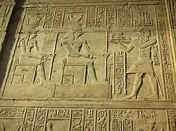 Ptolemy VI Philometor makes an offering to Hathor and Horus at Kom Ombo