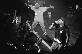 Public Enemy performing in 2000. Left to right: Flavor Flav and Chuck D.