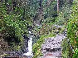 Path up by a series of waterfalls.