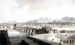 View of Puente de Grande Bridge to Binondo from Ermita near the border of old Manila. Mid 19th century.