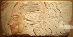 Relief Depicting the Purification of Queen Kiya (?) (1985.328.8); Limestone, paint; ca. 1353–1336 B.C.; H. 22.8 × l. 47 × d. 2.5 cm (9 × 18 1/2 × 1 in.); Metropolitan Museum