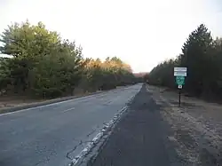 A straight two-lane road between evergreen trees. A signpost at right has signs reading "Cameron County" and "Gibson Township" and "Building-Sewage Permits Required Flood Plain Regulations Enforced" and "10". In the distance is a yellow sign showing a T-intersection at right.