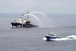 The Russian Coast Guard Project 745P border patrol ship Bug and the Yamaha S-329-type border patrol boat Steregushchy during the Russian-Japanese exercise in Aniva Bay in 2009
