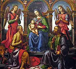 Madonna Enthroned with Saints and Angels, 1502, oil on poplar panel, 214.6 × 198.1&nbsp;cm, Fine Arts Museums of San Francisco, Gift of the Samuel H. Kress Foundation