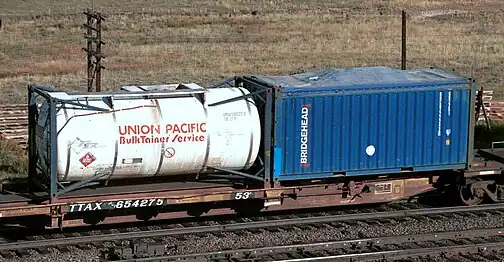A spine car with a 20 ft tanktainer and an open-top 20 ft container with canvas cover