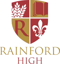 alt=Top left: A wheatsheaf, representing the village of Rainford. Top right: A book, representing learning and knowledge. Bottom left: The letter R, representing the school's name. Bottom right: A fleur-de-lis, representing togetherness and love. Text: Rainford High