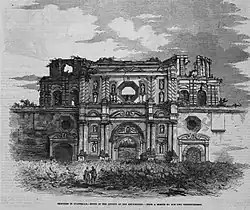 Sketch from the ca. 1840. Notice how the façade had survived the earthquakes relatively well.