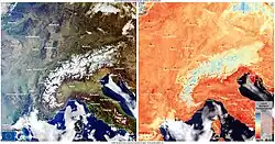 A Sentinel-3 image shows true colour (left) and land temperature (right) during the 2021 Eurasia winter heat wave
