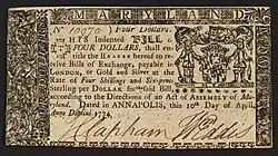 Photograph of a printed Maryland four-dollar banknote