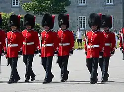 The Royal 22nd Regiment's full dress headgear is a bearskin cap with a scarlet plume.