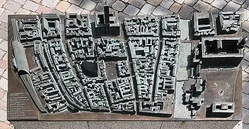 City model with St. Mary's Church in Marienviertel and Heilige-Geist-Viertel around 1880, Alexanderplatz station on the left, Berlin Palace on the right