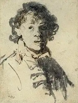 Self-portrait as a young man with mouth open, c. 1629, British Museum. It "emphasises what was to become the shameless, dominant feature of all Rembrandt's self-portraits, the nose."[50]