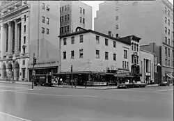 A black and white photograph of Rhodes Tavern in 1967