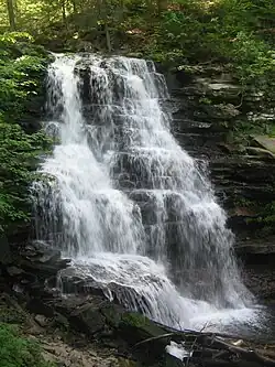 A large waterfall cascades down a near vertical rock face composed of many layers. Lush green vegetation surrounds the falls, with dappled sunlight at top.