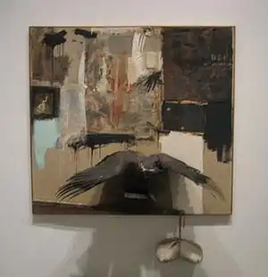 Robert Rauschenberg's Canyon combine 1959: oil, pencil, paper, fabric, metal, cardboard box, printed paper, printed reproductions, photograph, wood, paint tube, and mirror on canvas with oil on bald eagle, string, and pillow.