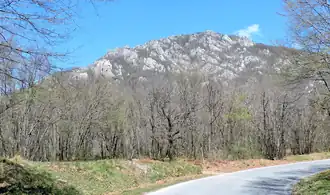 Photo shows a very rocky-looking mountain.