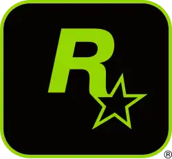 A capital "R" in green with a five-pointed, black star with a green outline appended to its lower-right end. They lay on a black square with a green outline and rounded corners.