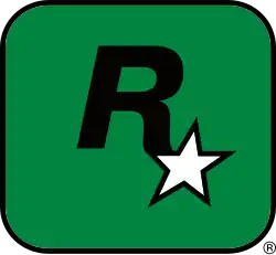 A capital "R" in black with a five-pointed, white star with a black outline appended to its lower-right end. They lay on a dark-green square with a black outline and rounded corners.