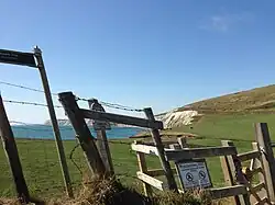 Skewing in a photograph taken from a car moving at 80 km/h (50 mph). Objects in the foreground, such as the fence and gate, have become skewed, while more distant objects in the background, such as the cliff, remain as normal. This is also seen in the famous photo
