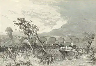 1830s drawing showing a newly built arch bridge standing in open countryside.