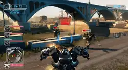Screenshot of gameplay, showing the heads up display, and the Autobot Ironhide attacking Decepticons under a highway bridge.