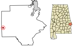 Location of Hurtsboro in Russell County, Alabama.