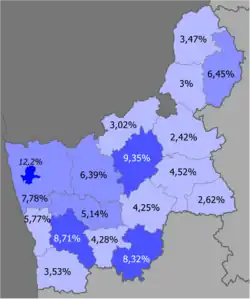 Russians in the region &nbsp;&nbsp;>10% &nbsp;&nbsp;8–10% &nbsp;&nbsp;5–8% &nbsp;&nbsp;<5%
