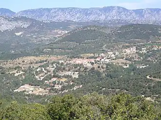 The village with the Corbières Massif in the background