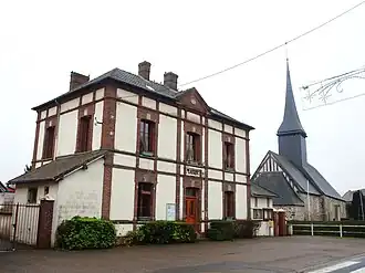 The town hall and church in Saint-Julien-de-la-Liègue