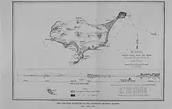 Black and white hand drawn survey map and elevation profile for Saint Paul Island and two neighboring islets: Walrus Island and Otter Island