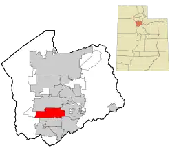Two maps. The first map is a map of Utah with a colored in section in the middle representing where Salt Lake County is located. Second map is a map of Salt Lake County has a colored in section in the southwest showing where South Jordan is located.