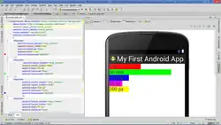 In the background, you see an open window for my first android app. In the foreground, towards the right, you see a smartphone screen with also an open window for my first android app. The phone is black, while the window is white. In the window, you see a multi-coloured horizontal bar chart used to show the comparison of DP, pt, px, and mm. First bar is red, second longest, 1 in. Second bar is green, the longest, 50 mm. Third bar is navy blue, fourth longest, 100 dp. Fourth bar is pink, the shortest of all, 30 pt. Fifth bar, fifth longest, 200 px.
