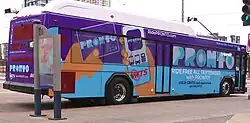 An MTS bus wrapped in a PRONTO advertisement