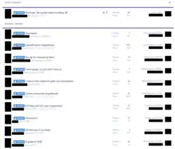 A list of threads on the Suicide Discussion forum with profile pictures and usernames blacked out. They read: "Reminder: Be careful when handling SN", "Tourniquet", "Guns/firearms megathread", "Pro tip for measuring 50ml", "I took ginger so you don't have to", "I found meto online for pets w/o prescription", "Carbon monoxide megathread", "Exit bag and inert gas megathread", and "Chloroform"