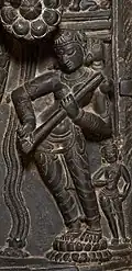 Bangladesh, 10th - 12th century C.E. Saraswati with an ālāpiṇī vīṇā. This was a one-string tube zither or stick zither form of the veena, possibly related to the modern rudra veena.