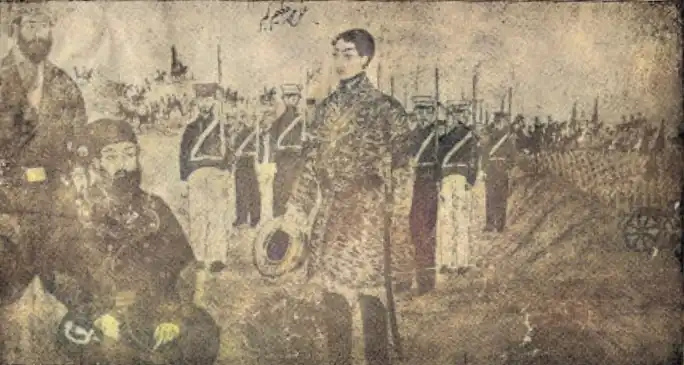 Sardar Aminullah Khan and his young son, Sardar Muhammad Ismail Khan and his chaimberlain, Sardar Amir Jan Khan Shaghasi