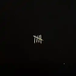 A black cover with a scratchy five match sticks in the shape of hatch marks on it