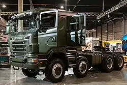 Scania R 730 CA8x8EHZ with CR31 CrewCab, eight-wheel drive heavy-haulage tractor at Norway Trade Fairs in Lillestrøm, Norway in 2011.[2]