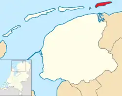 Highlighted position of Schiermonnikoog in a municipal map of Friesland