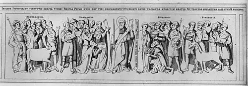 A black-and-white drawing of four groups of people flanking a man with a halo and a sword; the four groups comprise women and men who are bringing offerings of livestock and agriculture; one man in each group is armed with a spear; above the piece is an inscription in Latin