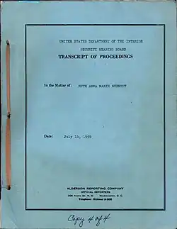scan of the cover page of the 1954 transcript of the US Department of the Interior Security Hearing Board against Ruth A. M. Schmidt