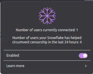 A browser extension popup with text "Number of users currently connected: 1. Number of users your Snowflake has helped circumvent censorship in the last 24 hours: 4. Enabled: yes. 'Learn more' link"