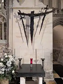 A modern memorial at the Canterbury Cathedral marking the site of Archbishop Thomas Becket's assassination.