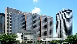 Four buildings in Tennōzu Isle. There's a building marked "JTB" at the left