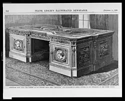 black and white drawing of an ornate desk
