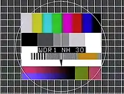 Off-air screen capture of ARD Das Erste test card broadcast by WDR from the Sender Nordhelle&nbsp;[de] transmitter in the 1980s.