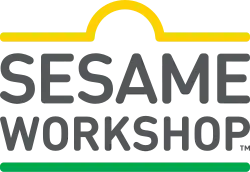 Logo for Sesame Workshop, created in 2018 simultaneously. Features the words "SESAME WORKSHOP" (all-caps) in gray inside border lines of yellow on the top and green on the bottom that together form a shape similar to the "Sesame Street" sign.