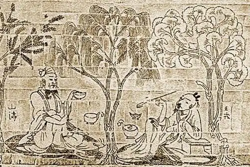 Details of the molded-brick relief "Seven Sages of the Bamboo Grove and Rong Qiqi", found from an Eastern Jin or Southern dynasties tomb near Nanjing, which depicts Shan Tao (left) and Wang Rong (right).